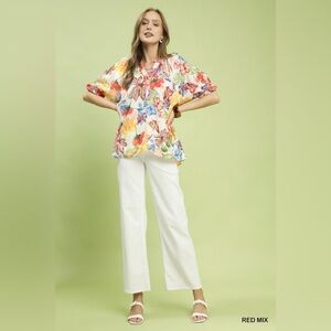 Umgee Watercolor Floral Print Top with High-Low Hem🆕
